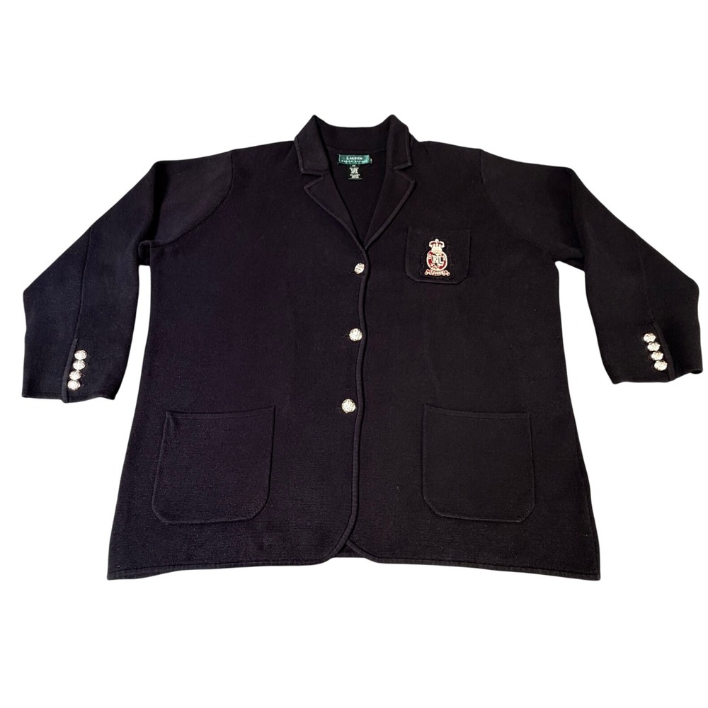 Lauren Ralph Lauren Knit Blazer Black 2X Crest Patch Silver Button Dark Academia